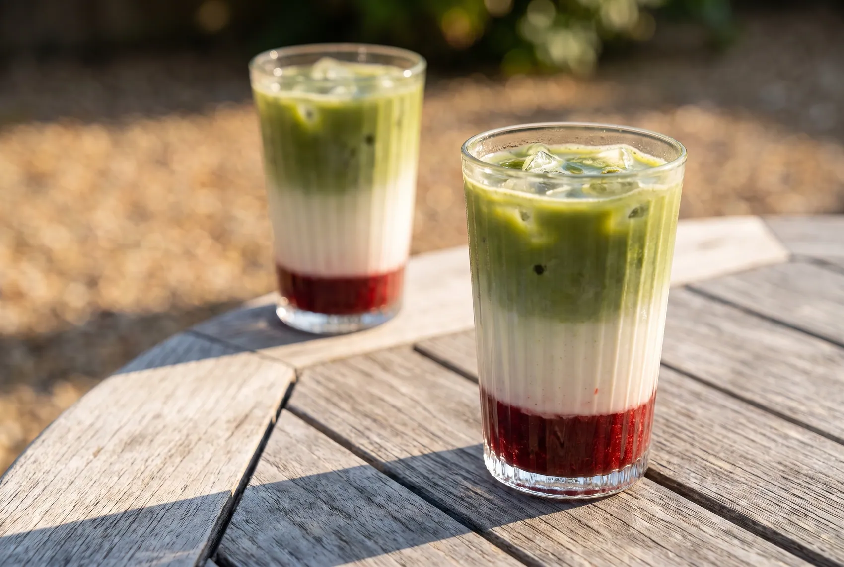 Zwei Gläser Iced Matcha Latte auf einem verwitterten Holztisch in der Nachmittagssonne.