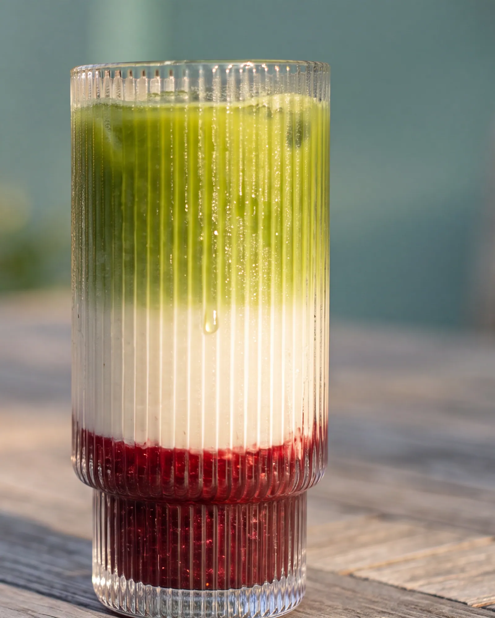 Iced Matcha Latte im geriffelten Glas auf einem Holztisch, mit Matcha, Milch und Fruchtkompott in drei Schichten.